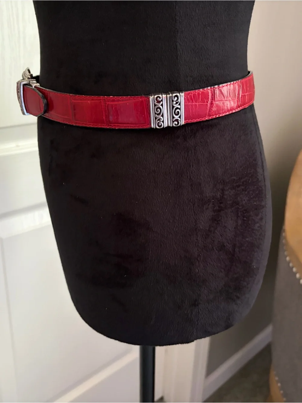 Brighton Red Croc-Embossed Leather Belt with Ornate Silver Buckle